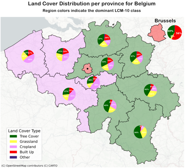 Land cover distribution per province for Belgium