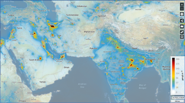 NO₂ signal detected using the latest S5P/TROPOMI algorithm, averaged over one year (2019) across a wide region covering the Middle East and India