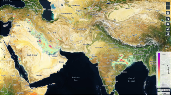 SO₂ signal detected using the latest S5P/TROPOMI algorithm, averaged over one year (2019) across a wide region covering the Middle East and India
